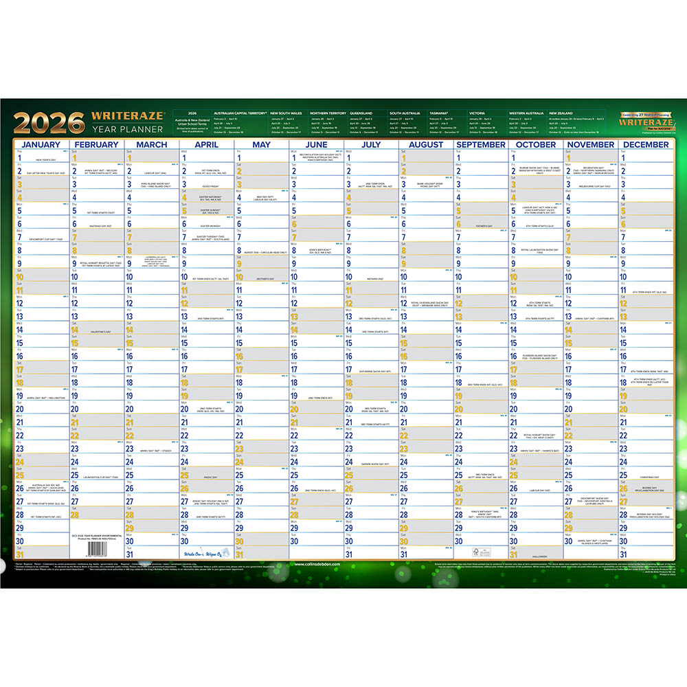 COLLINS WRITERAZE 11880 QC2 RECYCLED YEAR PLANNER 500 X 700MM