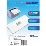 UNISTAT 38938 MULTIPURPOSE LABEL 2UP 148 X 210MM WHITE PACK 100